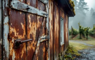 Weathered detached garage in Oregon wine country showing rust corrosion and moisture damage from valley fog