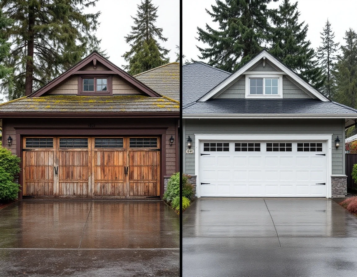 Weathered garage door compared with new replacement on Portland craftsman home showing cost-benefit contrast