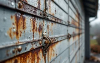 Rust corrosion on garage door springs and hardware caused by persistent valley fog moisture in wine country