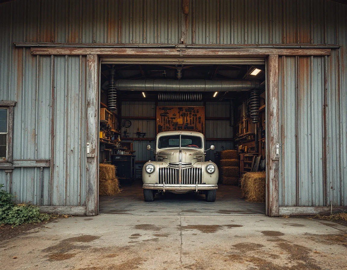 Weathered workshop garage in rural Molalla with vintage truck and visible heavy-duty torsion springs