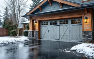 Two-car garage with weathered door panels on wet driveway during Vancouver winter morning