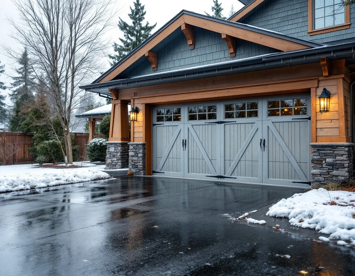 Two-car garage with weathered door panels on wet driveway during Vancouver winter morning