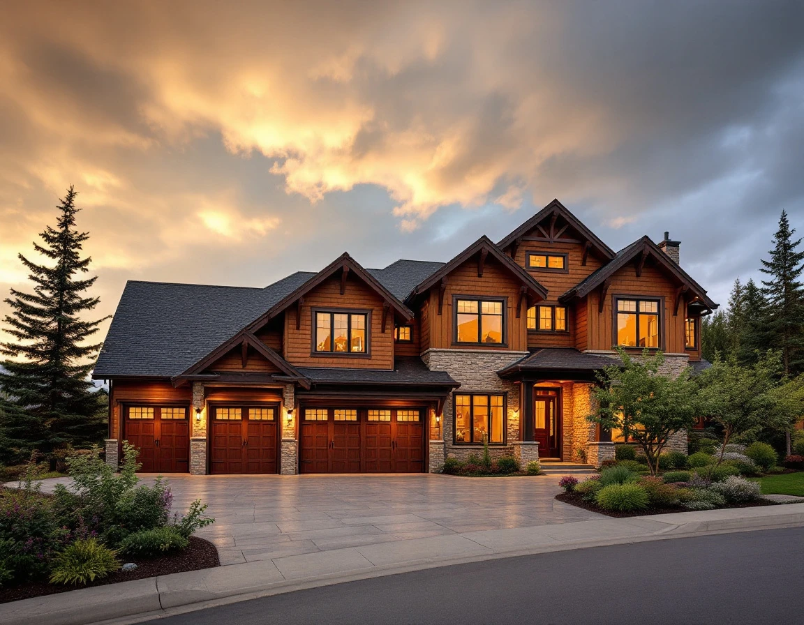 Luxury Camas home with premium three-car carriage-style garage doors designed for wind resistance
