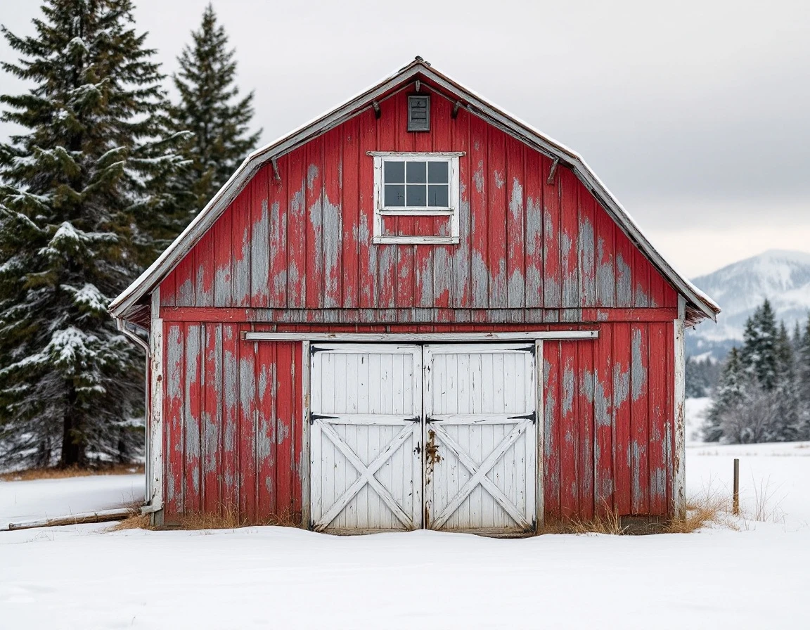 Red barn with weathered white doors in snowy Central Oregon landscape with mountains and evergreens