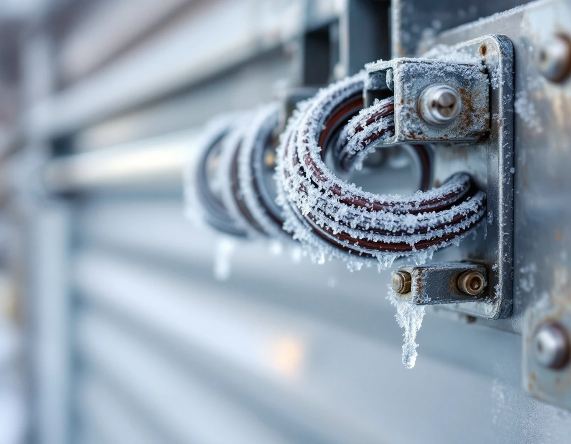 Frost crystals forming on garage door springs showing winter freeze damage in Tualatin Valley climate