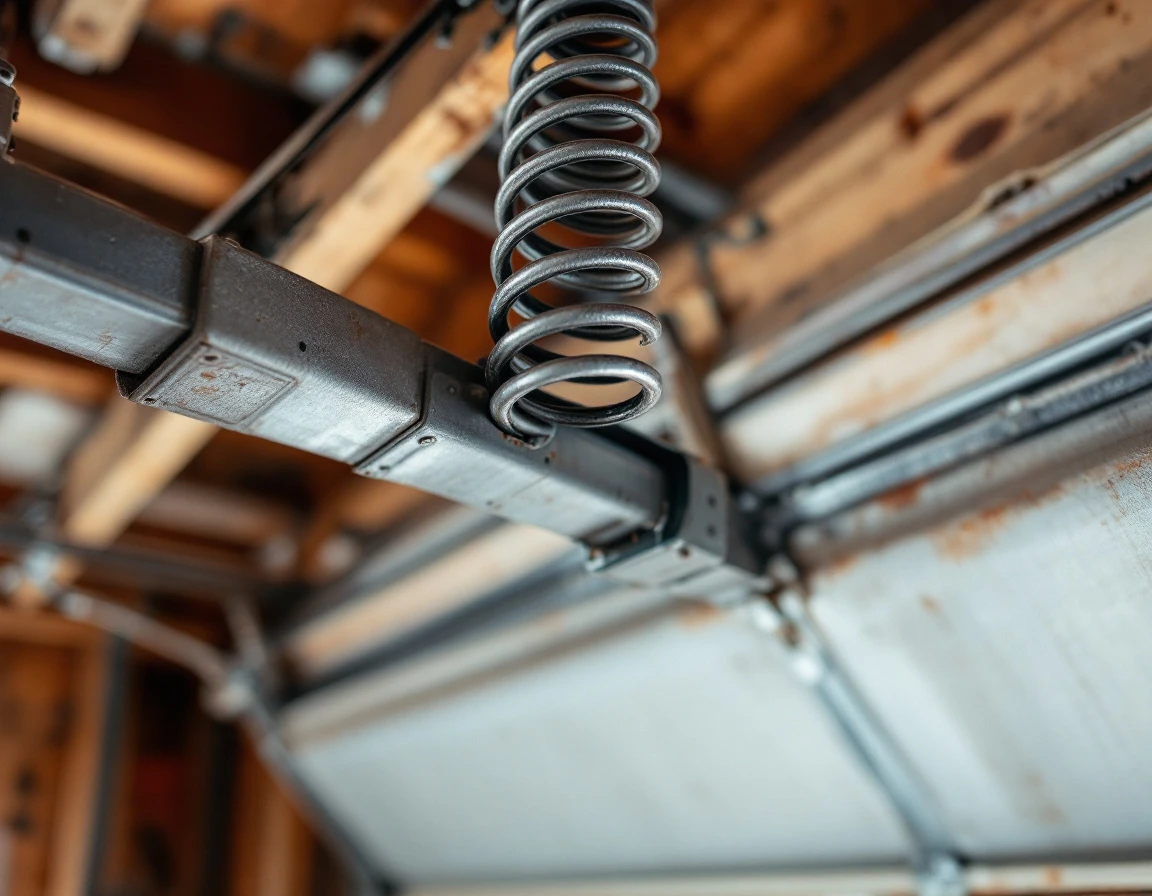 Garage door torsion spring showing metal coils and mounting hardware in residential garage