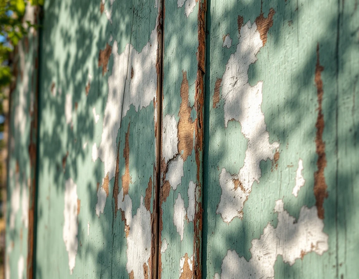 Sun-damaged garage door showing authentic paint peeling and wood weathering from Central Oregon UV exposure