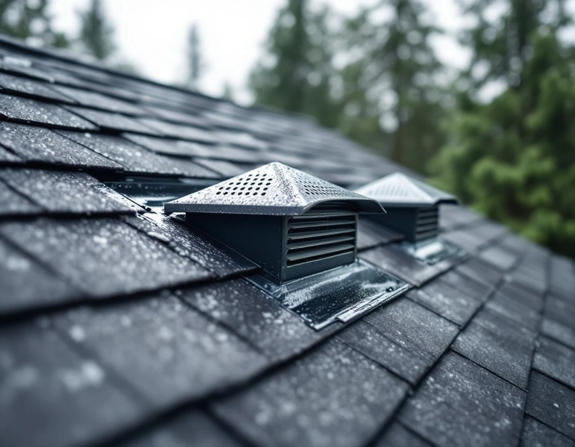 Ridge vent detail showing perforated metal cap and airflow gaps on Portland home roof