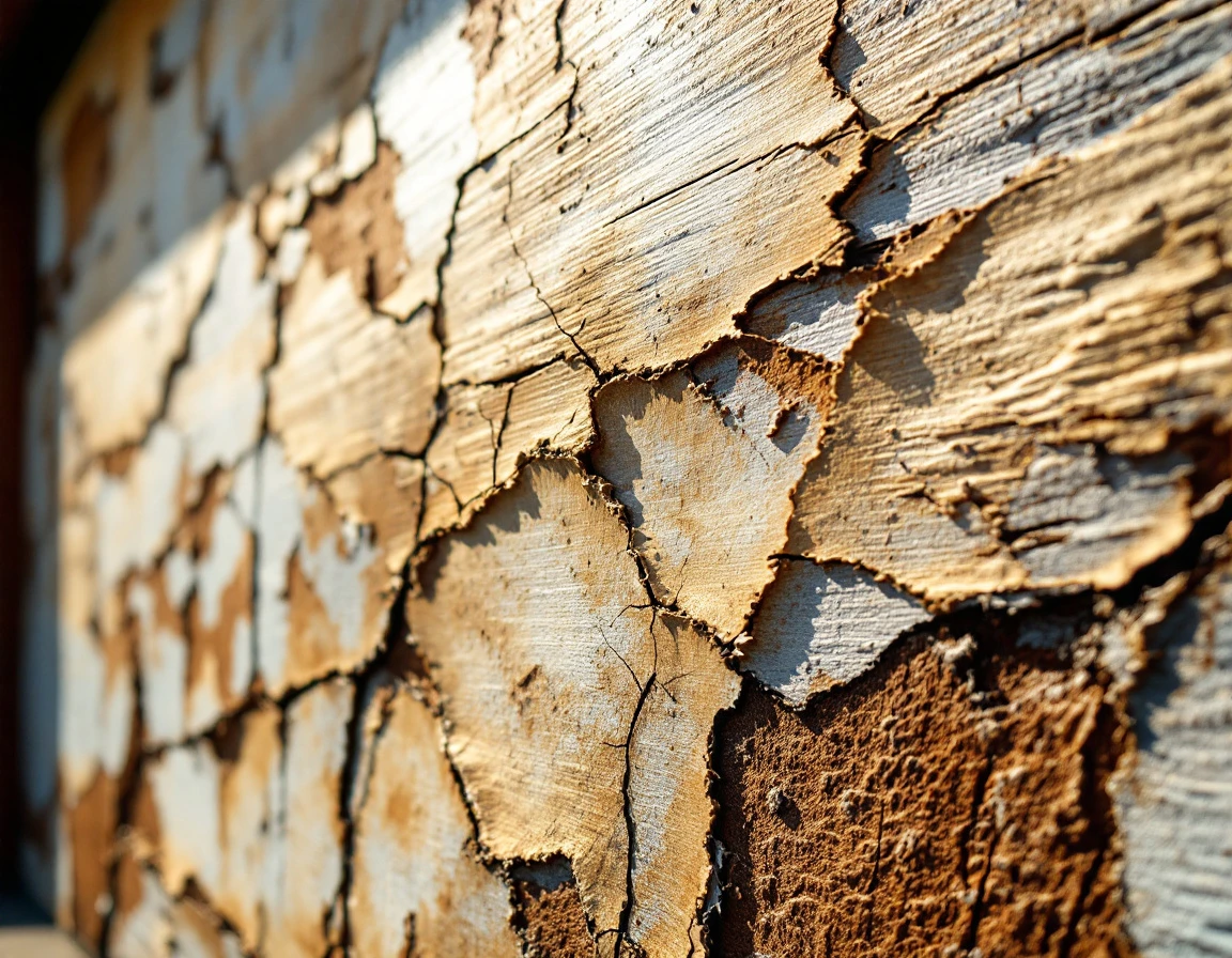 Cracked and faded garage door finish showing UV damage from Central Oregon sun exposure