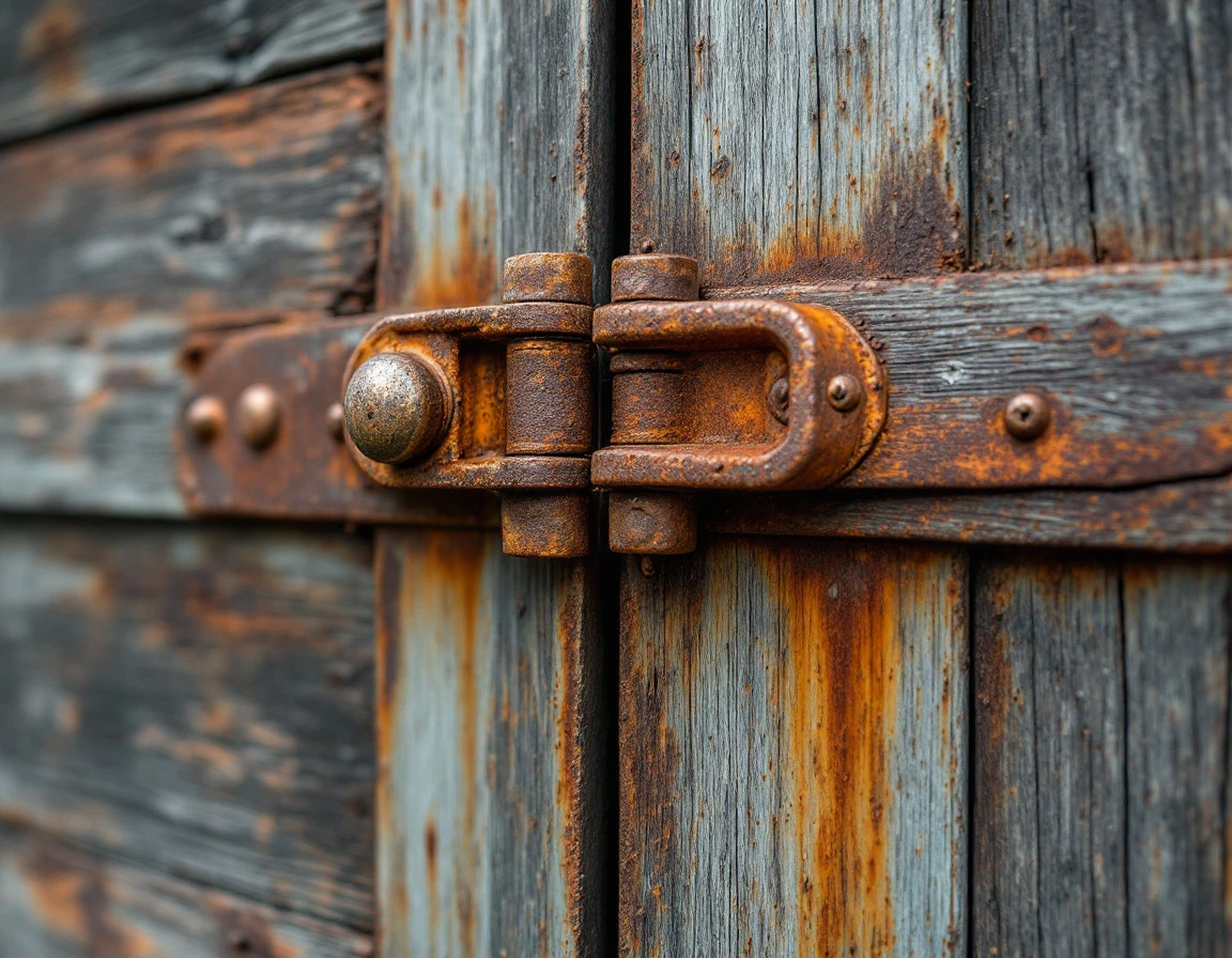 Rusted vintage garage hardware showing moisture damage on 1920s Long-Bell era structure in Longview