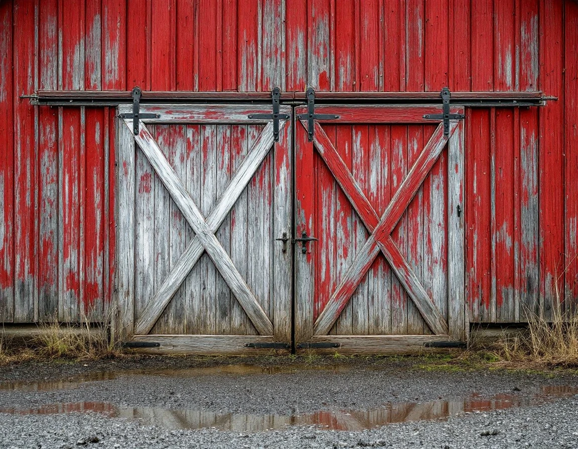 Weathered red barn with aged wooden doors along muddy gravel driveway in rural Cornelius during spring thaw season