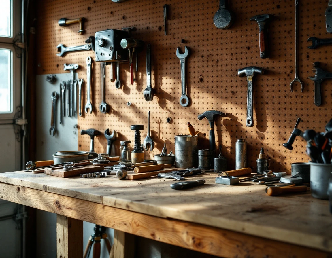 Organized workbench with hand tools and pegboard storage in Portland garage workshop bathed in natural window light