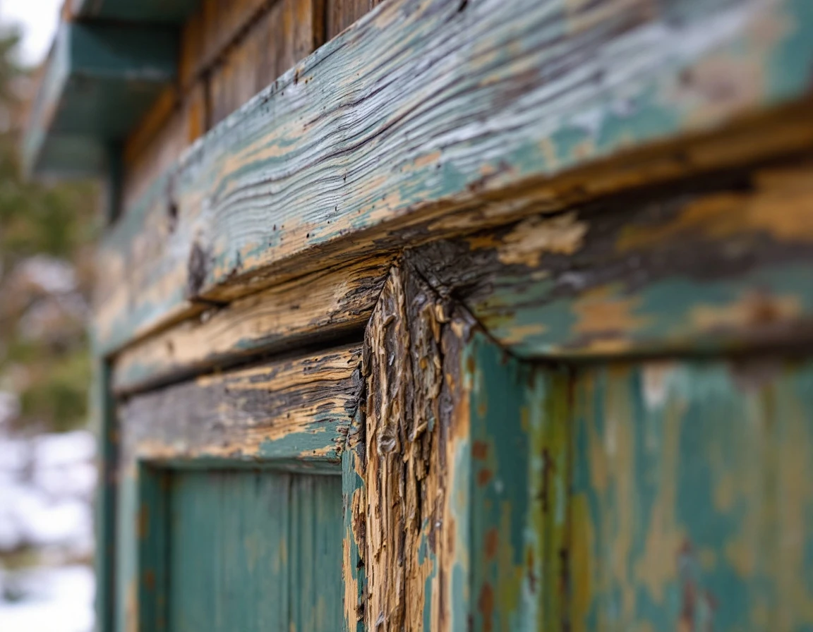 Water-damaged wooden trim showing early rot on vintage Craftsman garage in Forest Grove's wet winter climate