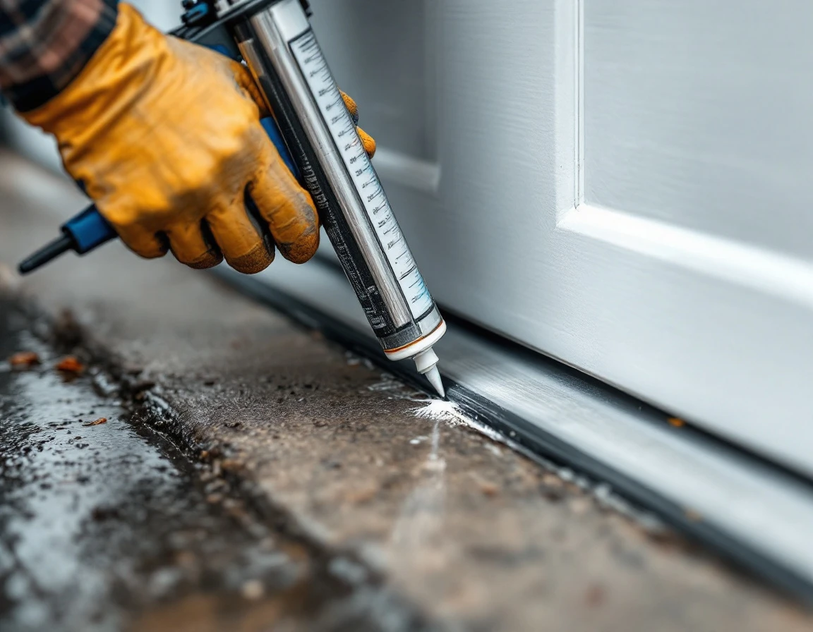 Applying weatherproofing sealant to garage door threshold with caulking gun on wet pavement