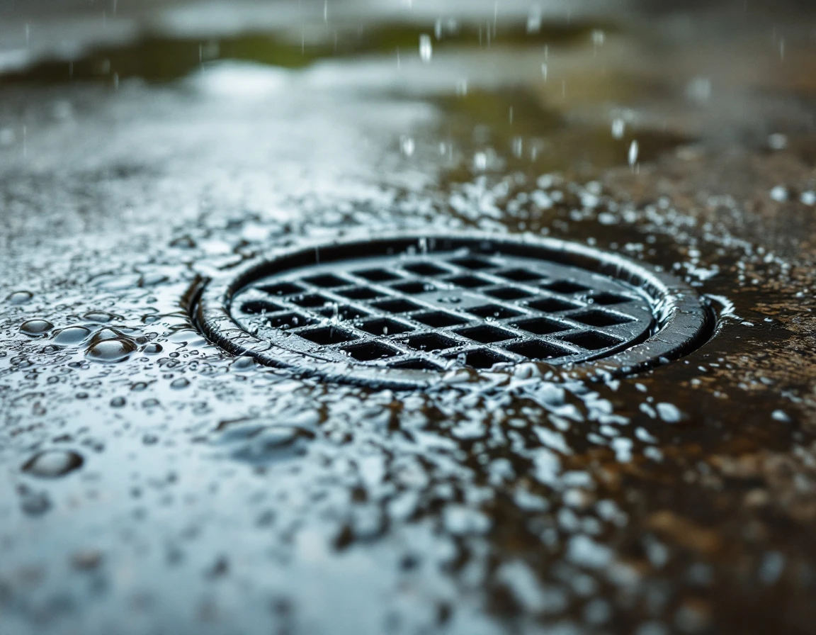 Active garage floor drain channeling rainwater away during Portland storm, with water flowing across concrete surface