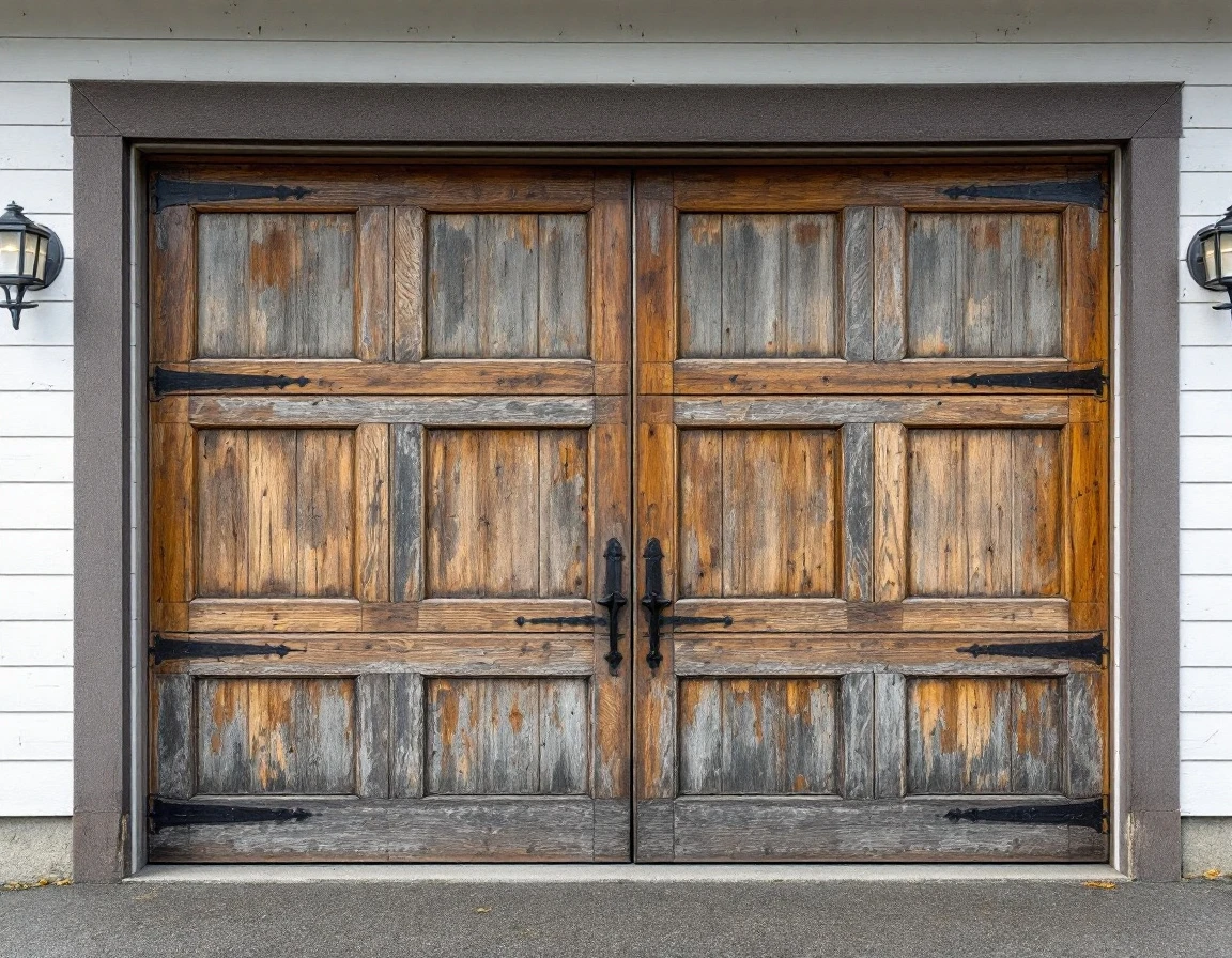 Weathered wooden garage door on vintage Bingen home showing aged texture and winter storm wear