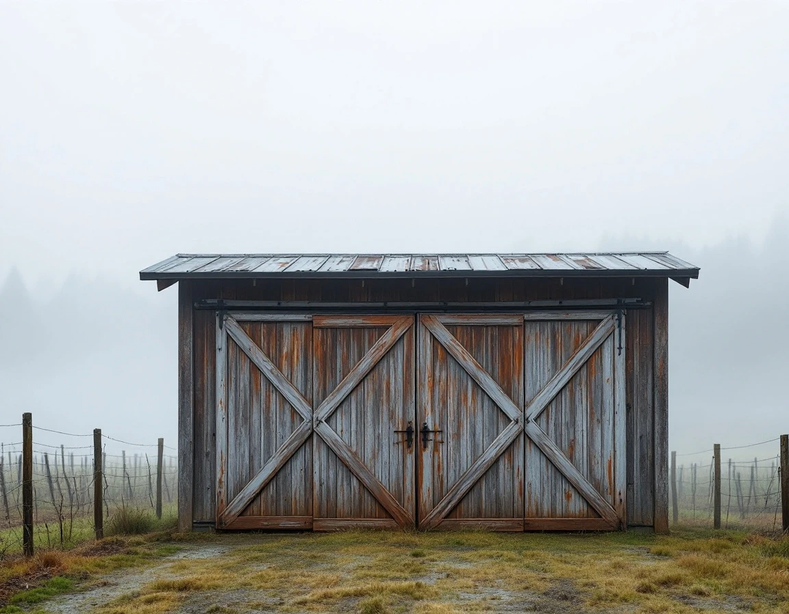 Weathered detached garage with X-pattern doors showing rust streaking and new weatherstripping in foggy Oregon vineyard