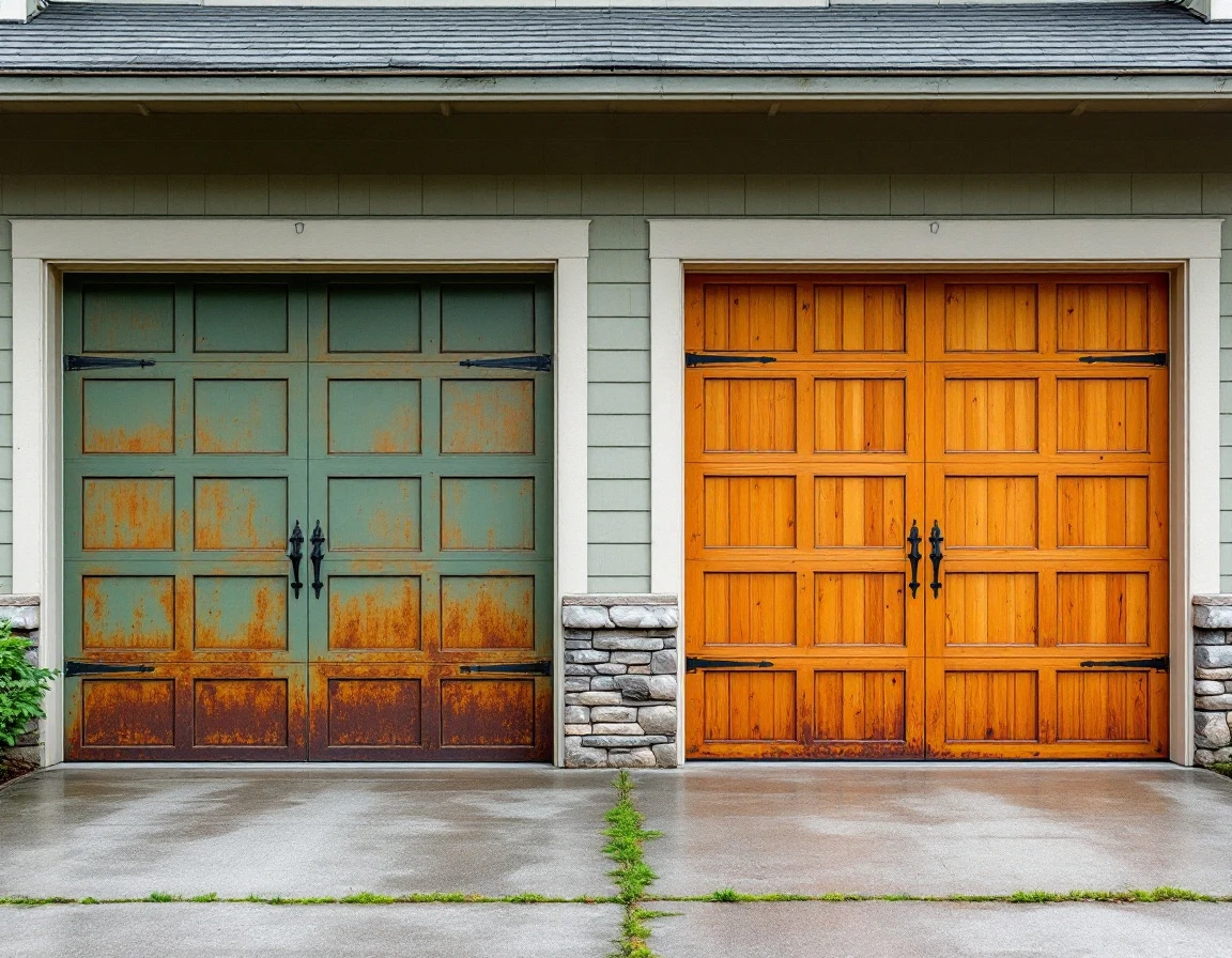 Two garage doors showing different levels of weathering, rust damage on left, aged wood grain on right