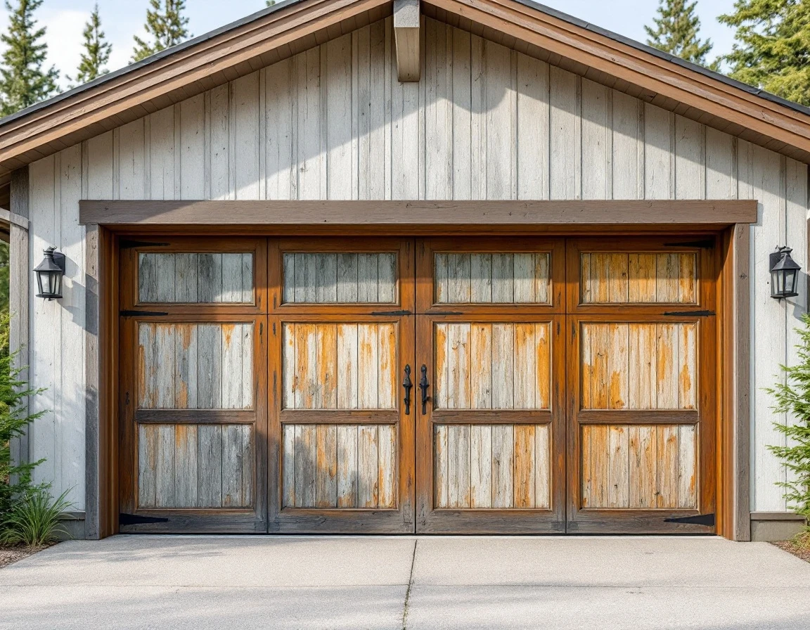 Wooden garage door showing sun-bleached fading and peeling paint from UV exposure in Central Oregon