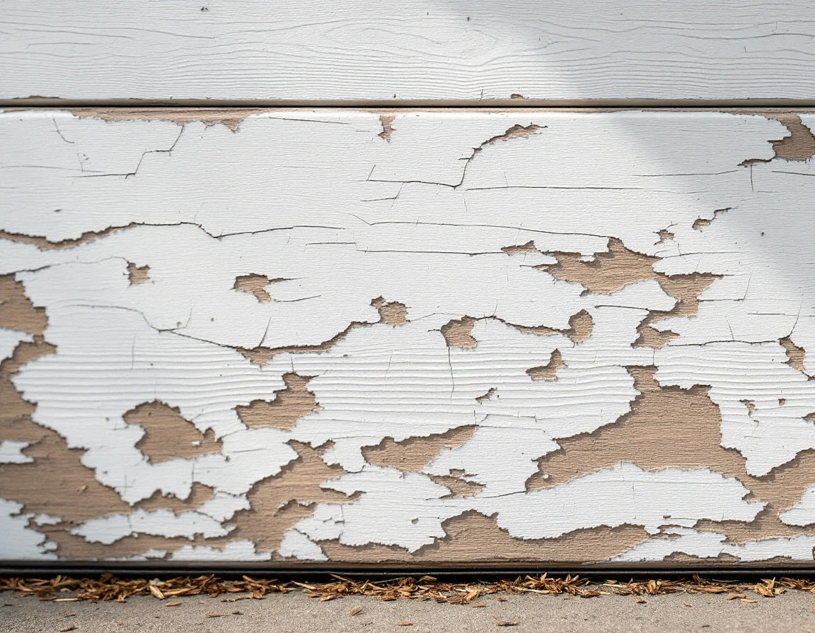 Sun-damaged garage door panel with peeling paint and cracked finish from Central Oregon UV exposure