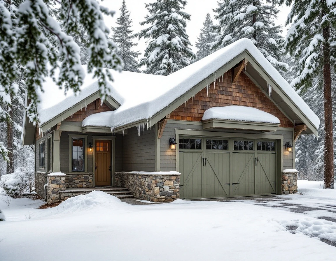 Snow-covered craftsman garage in Sandy showing heavy roof load capacity and insulated door during Mt. Hood winter