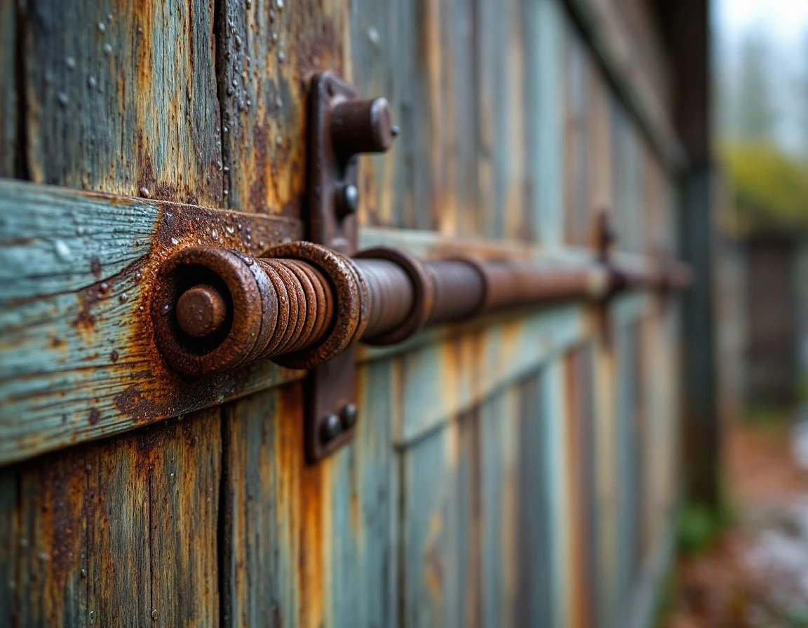 Rusted garage door spring and metal hardware showing corrosion from Pacific Northwest moisture exposure