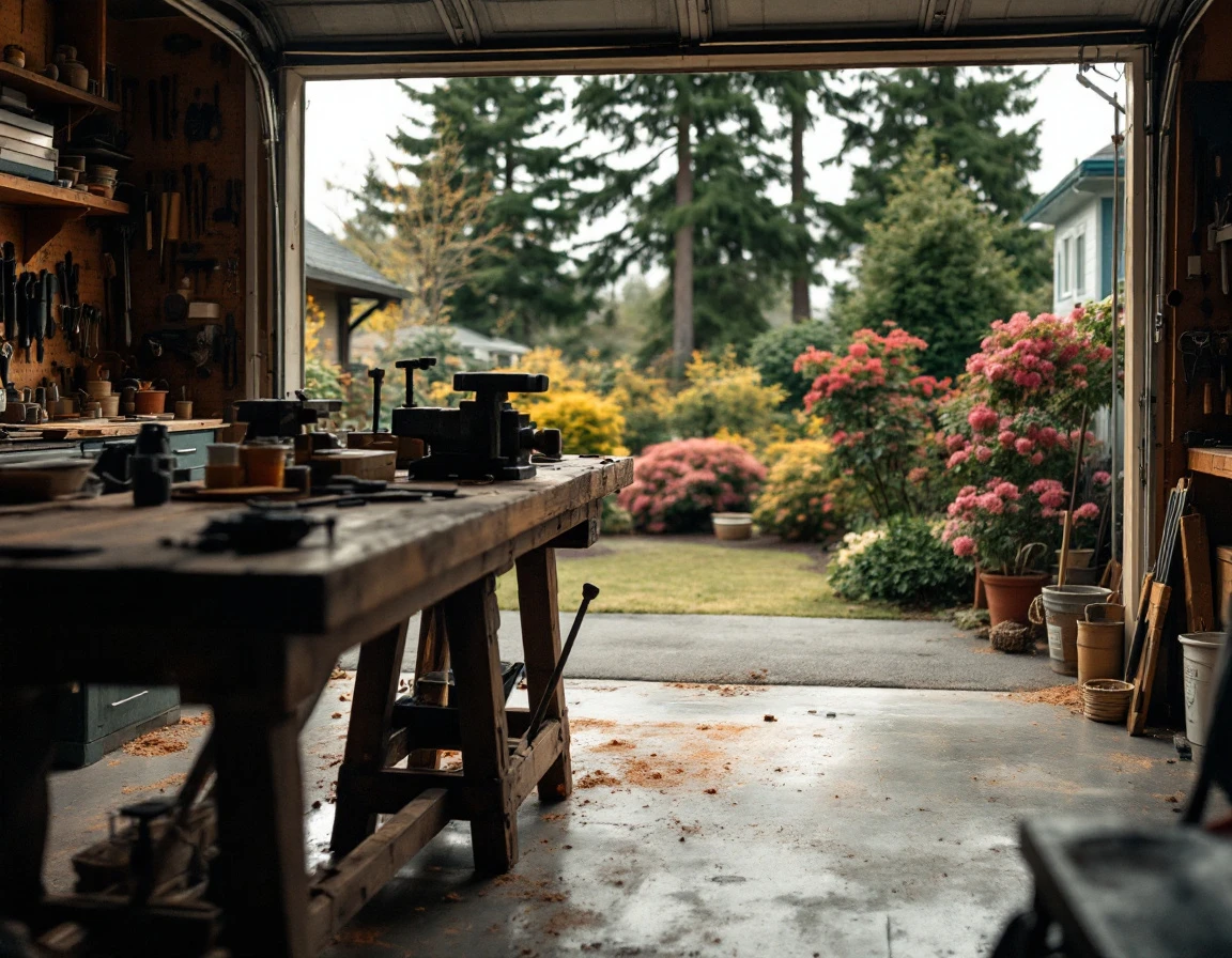 Garage workshop with open door showing natural afternoon light illuminating tools and workbench