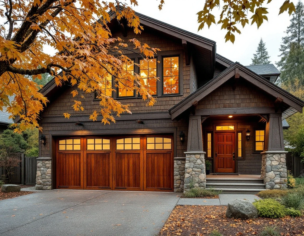 Historic craftsman home in Hood River Heights with custom wooden carriage garage door and period stone pillars