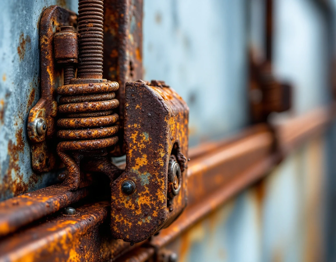 Heavily corroded garage door springs and track hardware showing advanced rust damage from Oregon winter moisture