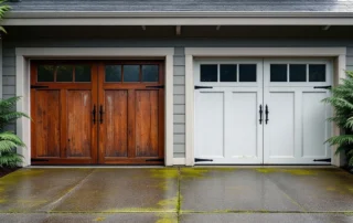 Side-by-side comparison of weathered garage door panels needing repair next to new replacement door installation