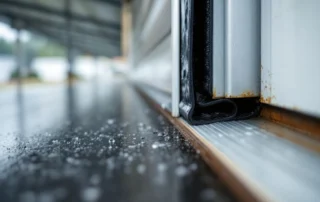 Flexible weatherstripping on manufactured home carport door with water droplets during Pacific Northwest rainfall