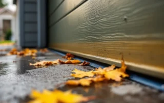 Garage door weatherstripping with dirt buildup and moisture on concrete floor surrounded by fallen autumn leaves