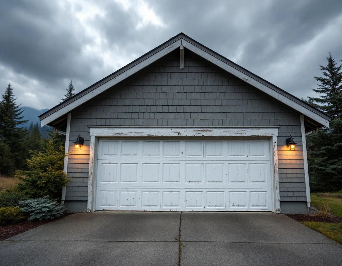 Garage door panels showing warping and stress damage from extreme Gorge winds on Cascade Locks home