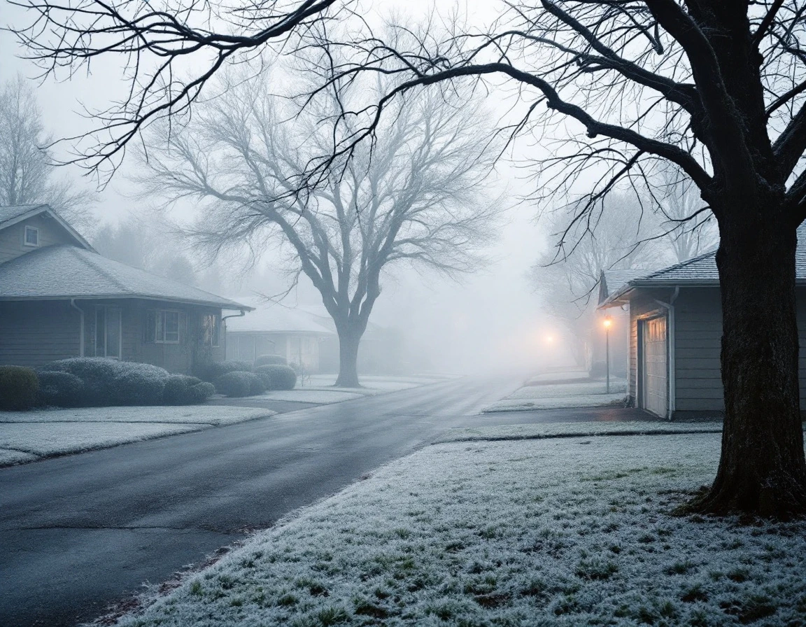Thick winter fog blankets a North Plains residential street with frosted lawns and bare trees