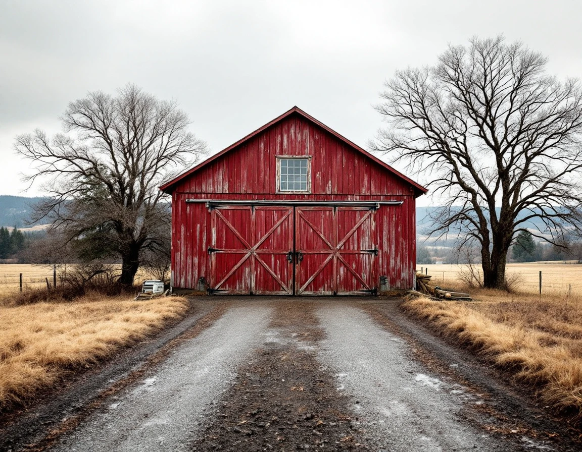 Barn-style garage with heavy-duty hardware on gravel driveway in rural Tualatin Valley with winter pasture