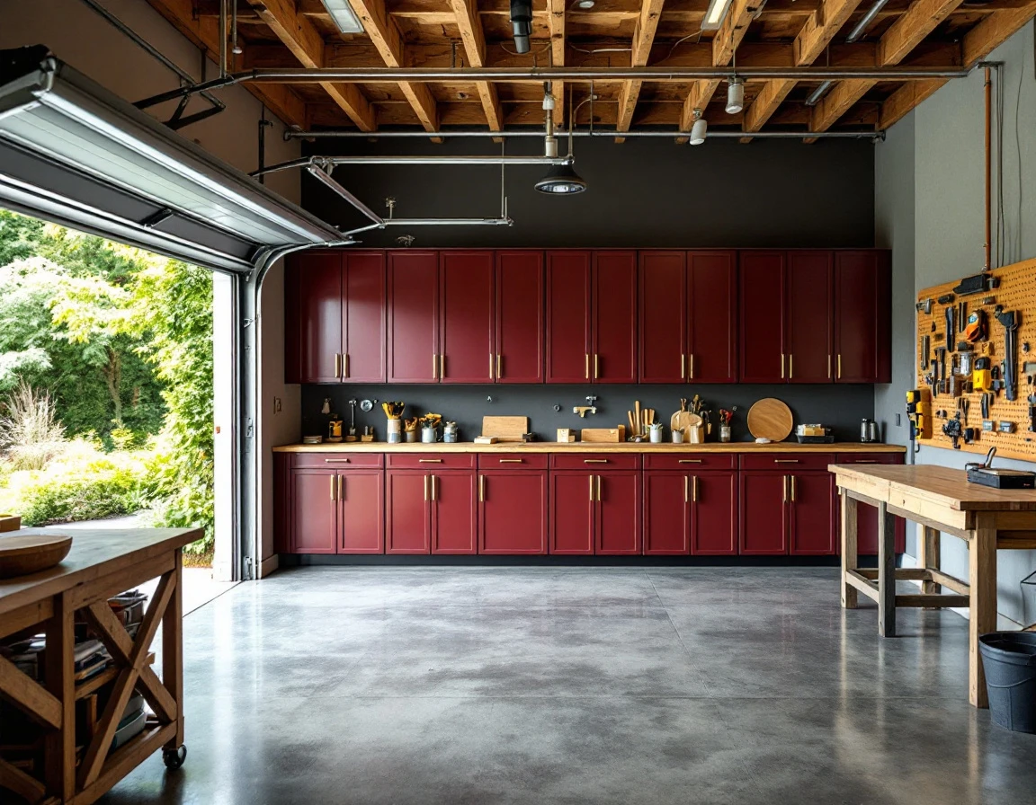Organized garage workshop with storage cabinets, tool pegboard, and epoxy floor beneath natural window light