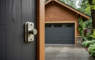 Residential garage with reinforced deadbolt lock and security hardware on craftsman home in Portland neighborhood