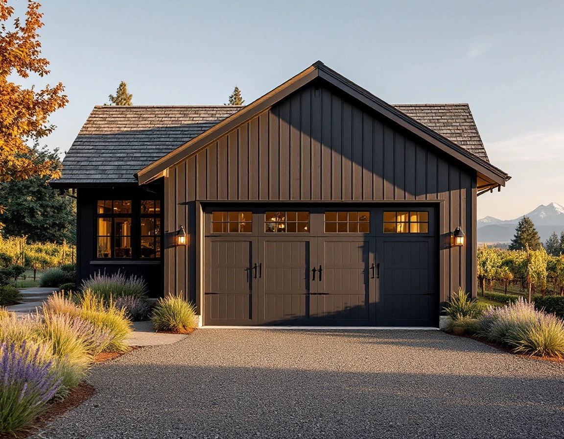 Wine estate garage with carriage doors and vineyard landscaping in McMinnville's Willamette Valley