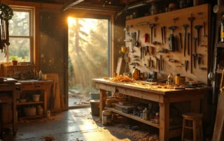 Sunlit garage workshop with scattered tools on wooden workbench and pegboard wall during summer afternoon