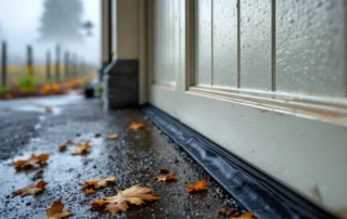 Rubber weatherstripping on garage door with valley fog condensation in Newberg wine country