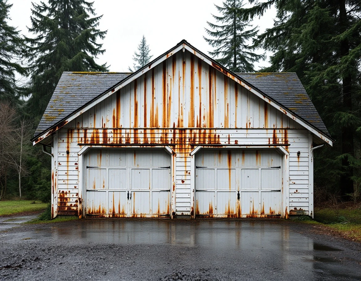 Weathered garage in Castle Rock showing rust staining and moss growth from Pacific Northwest moisture exposure