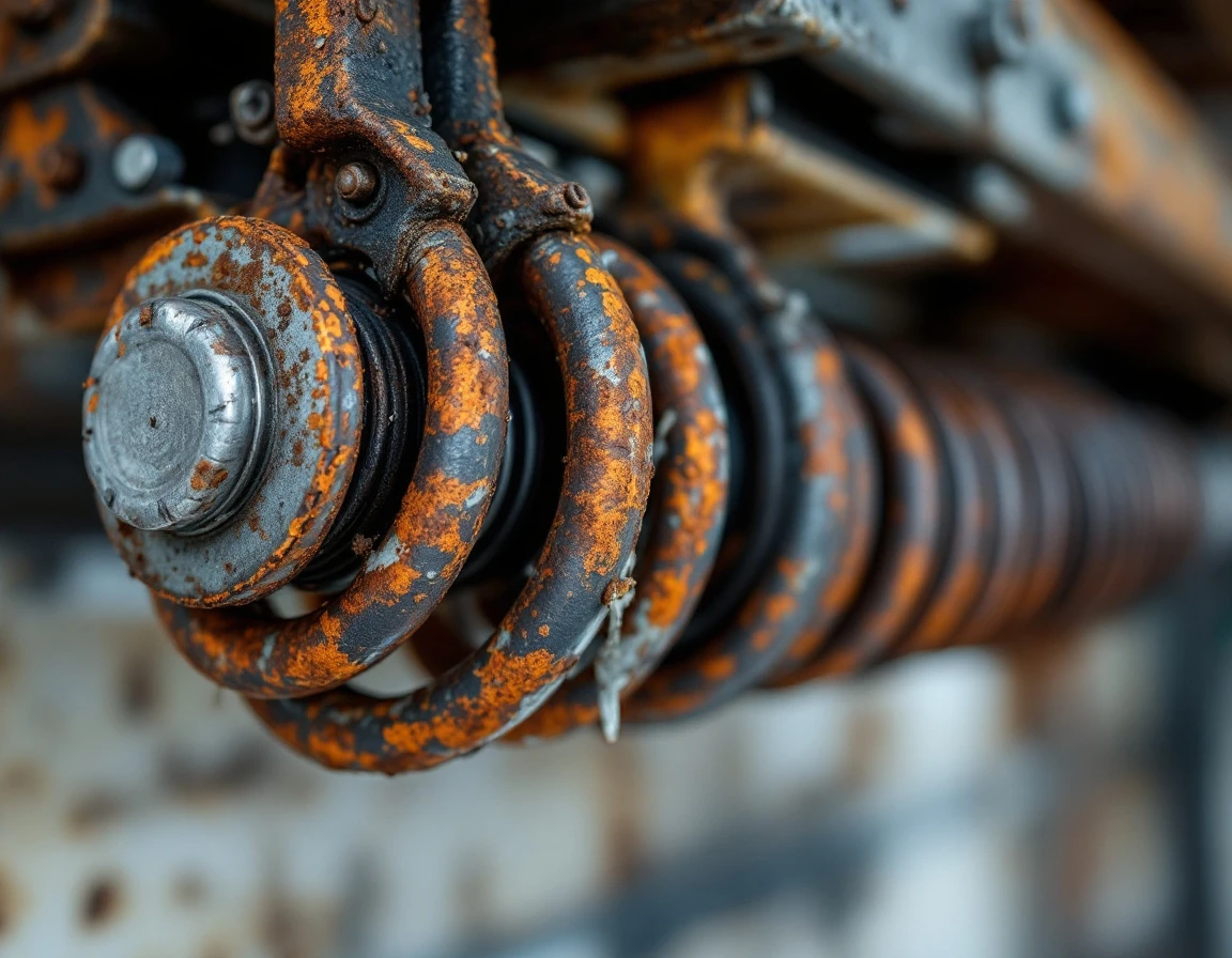 Corroded garage door torsion spring showing rust and fatigue damage from freeze-thaw cycles
