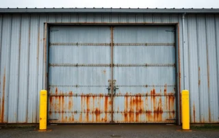 Weathered oversized steel garage door with rust patterns and industrial hardware on rural Brush Prairie workshop