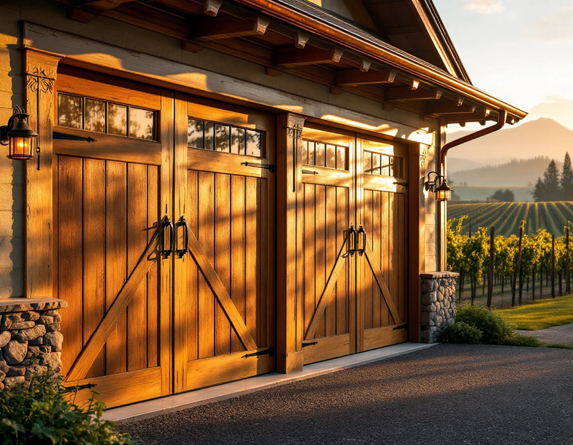 Carriage-style garage doors with weathered wood grain on Dundee wine estate with vineyard rows in background