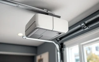 Modern garage door opener mechanism with weatherstripping and spring system in new Ridgefield home