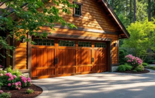 Custom mahogany carriage-style garage door on West Linn luxury home with spring landscaping