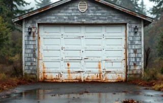 Weathered garage door showing rust and paint deterioration on 1950s West Kelso garage under overcast Pacific Northwest sky