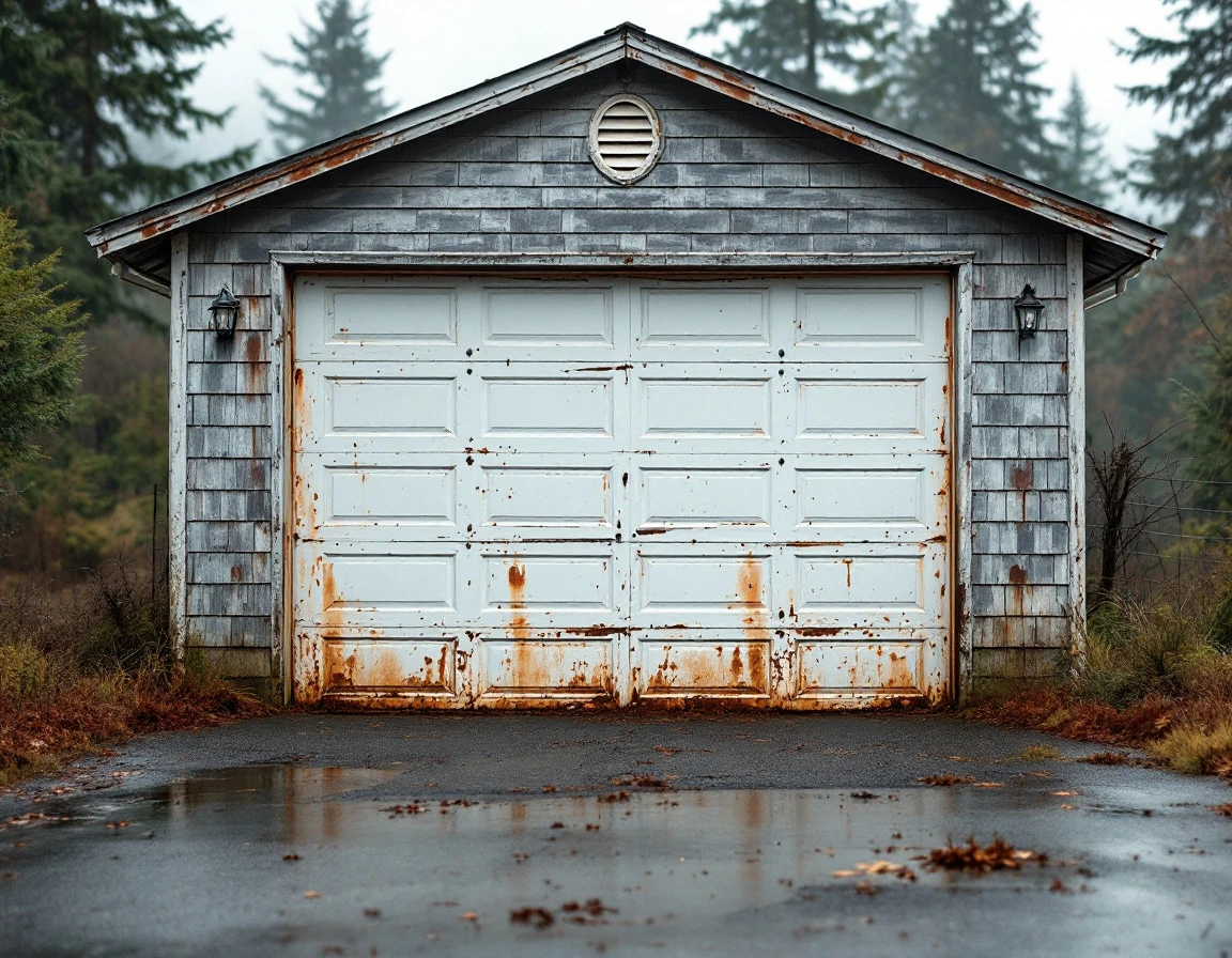 Weathered garage door showing rust and paint deterioration on 1950s West Kelso garage under overcast Pacific Northwest sky