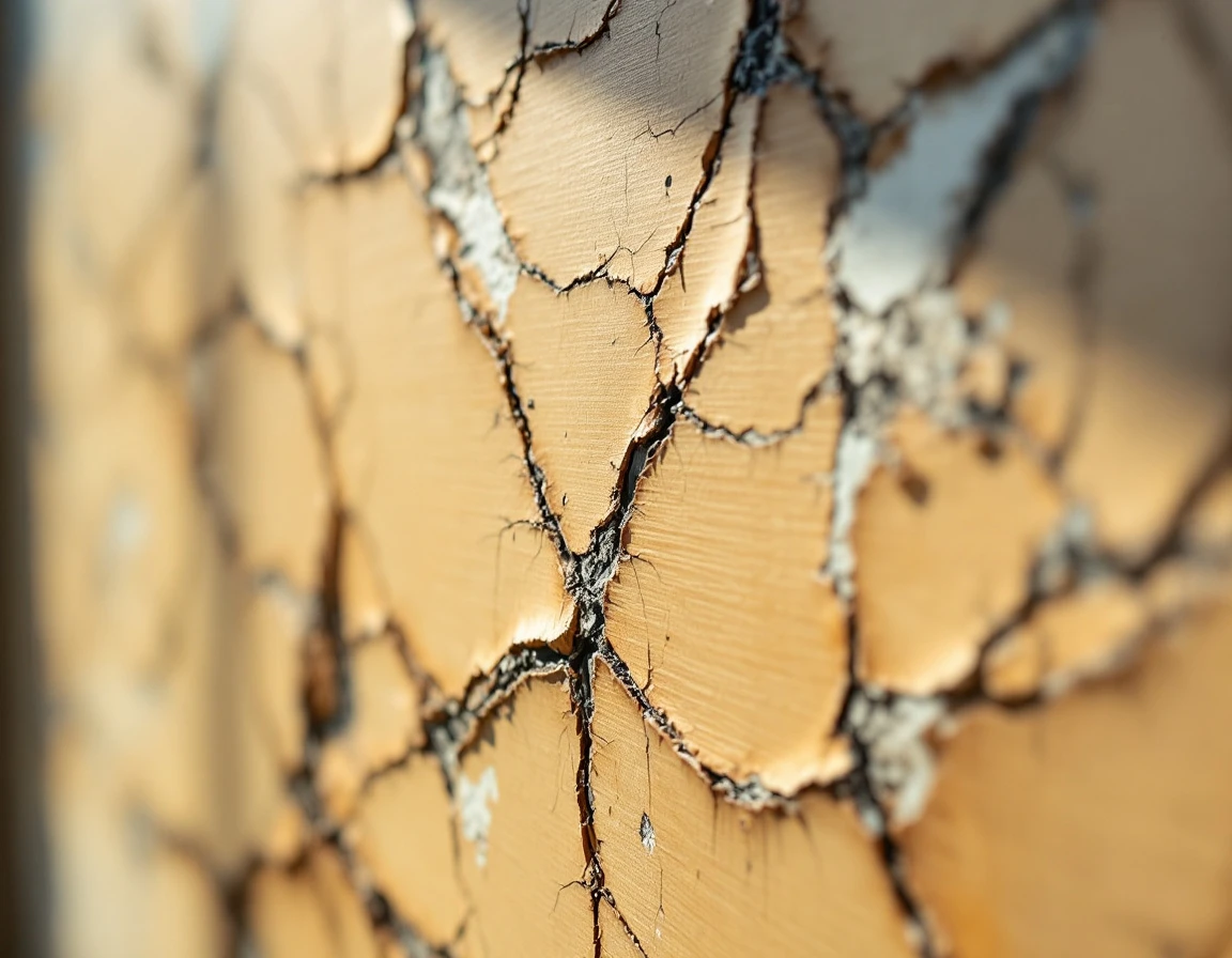 Garage door paint cracked and faded from Central Oregon sun exposure showing wood grain underneath