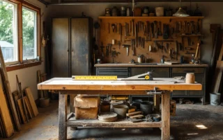 Wooden workbench with measuring tools and layout equipment in a home garage workshop with natural afternoon light